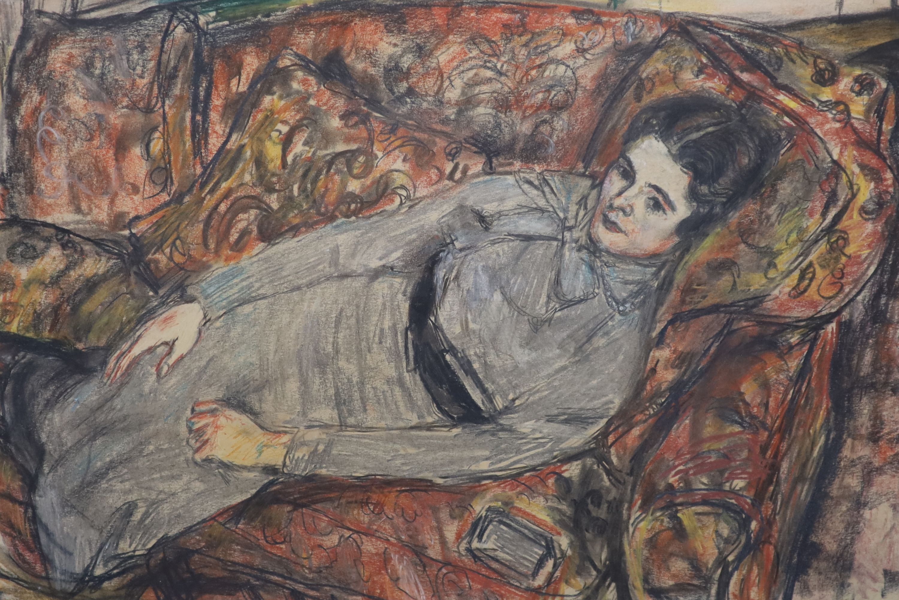 After Ruskin Spear (1911-1990), Woman reclining on a settee, Pastel and pencil, 37 x 54cm.